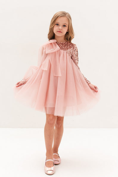 ABELIA - Rochita de ocazie din tulle fin cu catifea, paiete si funda supradimensionata, roz